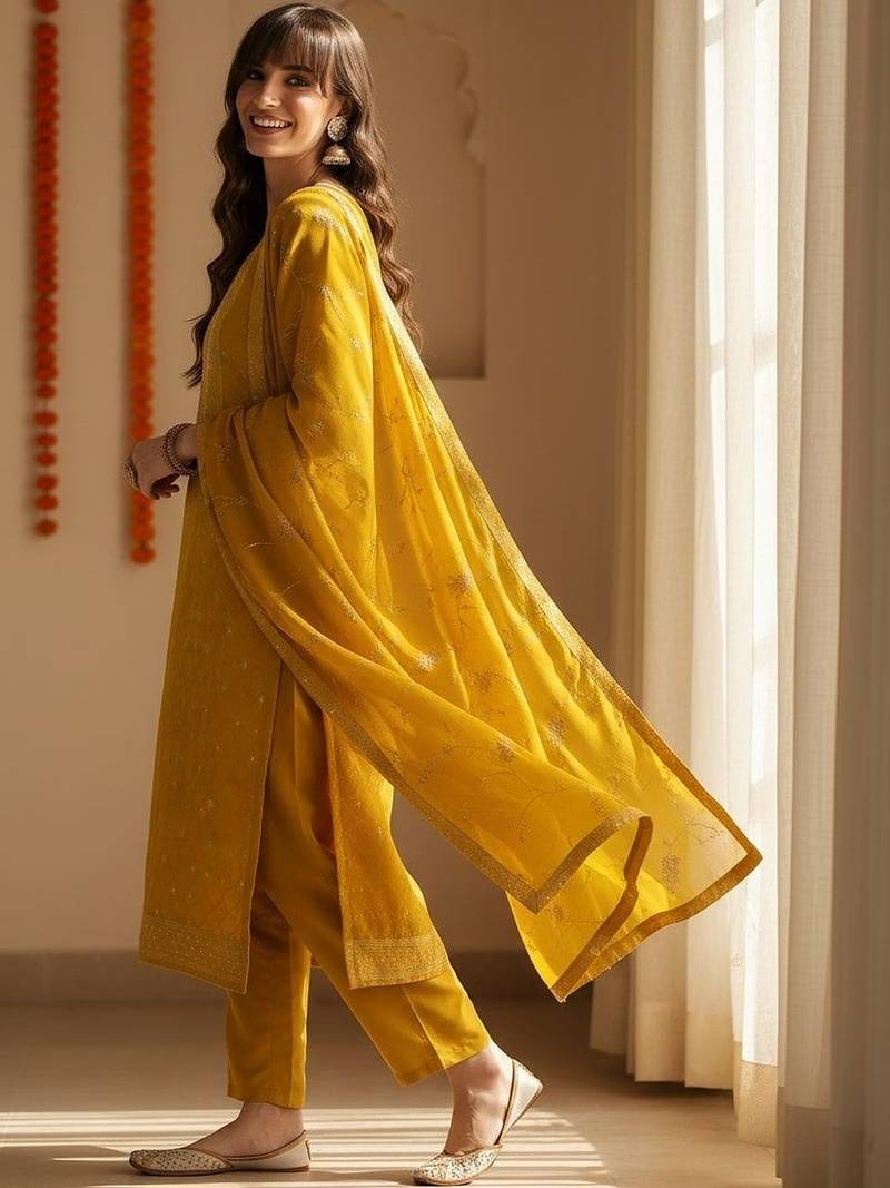 Women Ethnic Motifs Embroidered Regular Thread Work Kurta with Trousers & With Dupatta