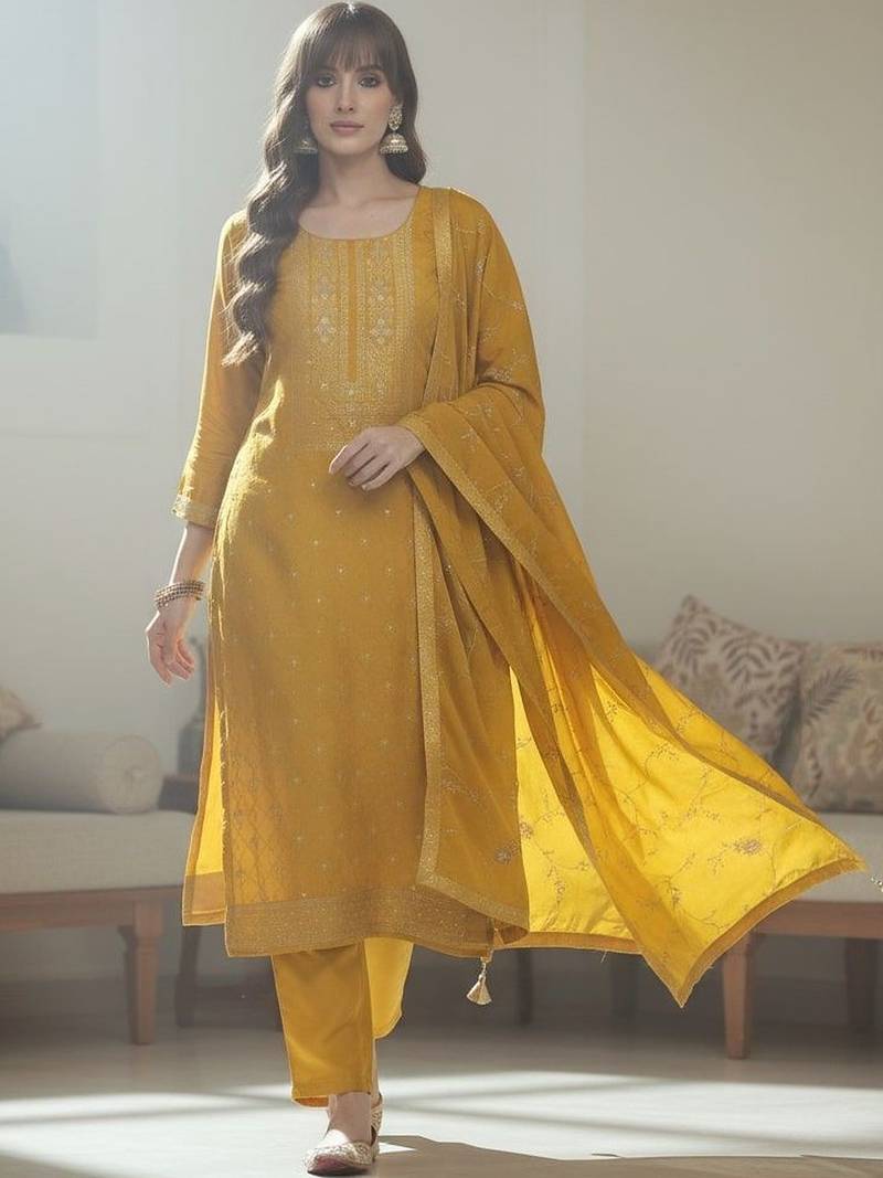 Women Ethnic Motifs Embroidered Regular Thread Work Kurta with Trousers & With Dupatta