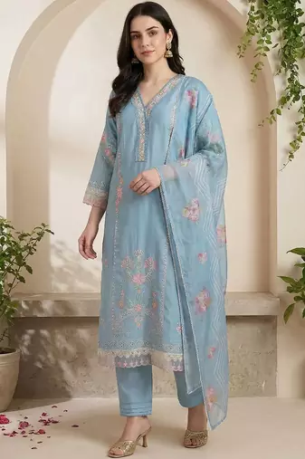 Women Floral Embroidered Regular Thread Work Kurta with Trousers & With Dupatta
