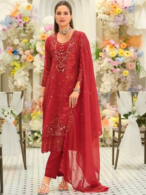 Women Ethnic Motifs Embroidered Regular Thread Work Kurta with Trousers & With Dupatta 1