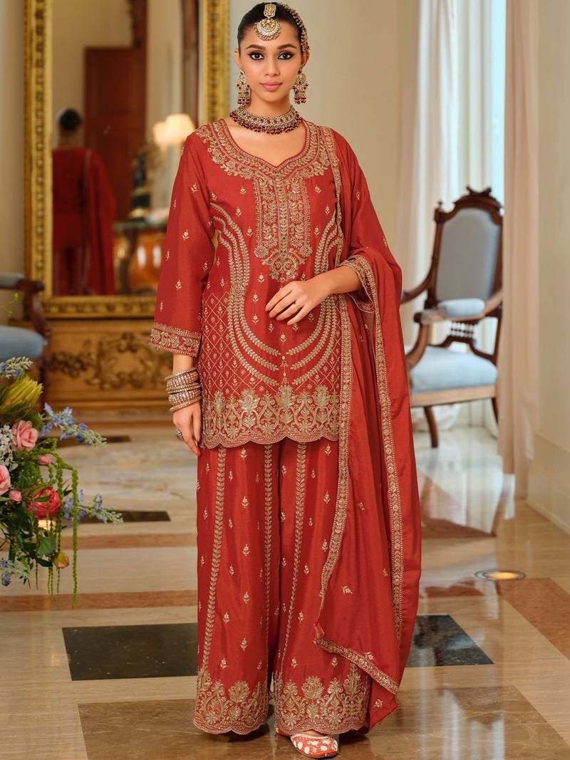 Women Ethnic Motifs Embroidered Regular Kurta with Palazzos & With Dupatta