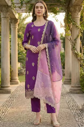 Women Ethnic Motifs Embroidered Regular Thread Work Kurta with Trousers & With Dupatta