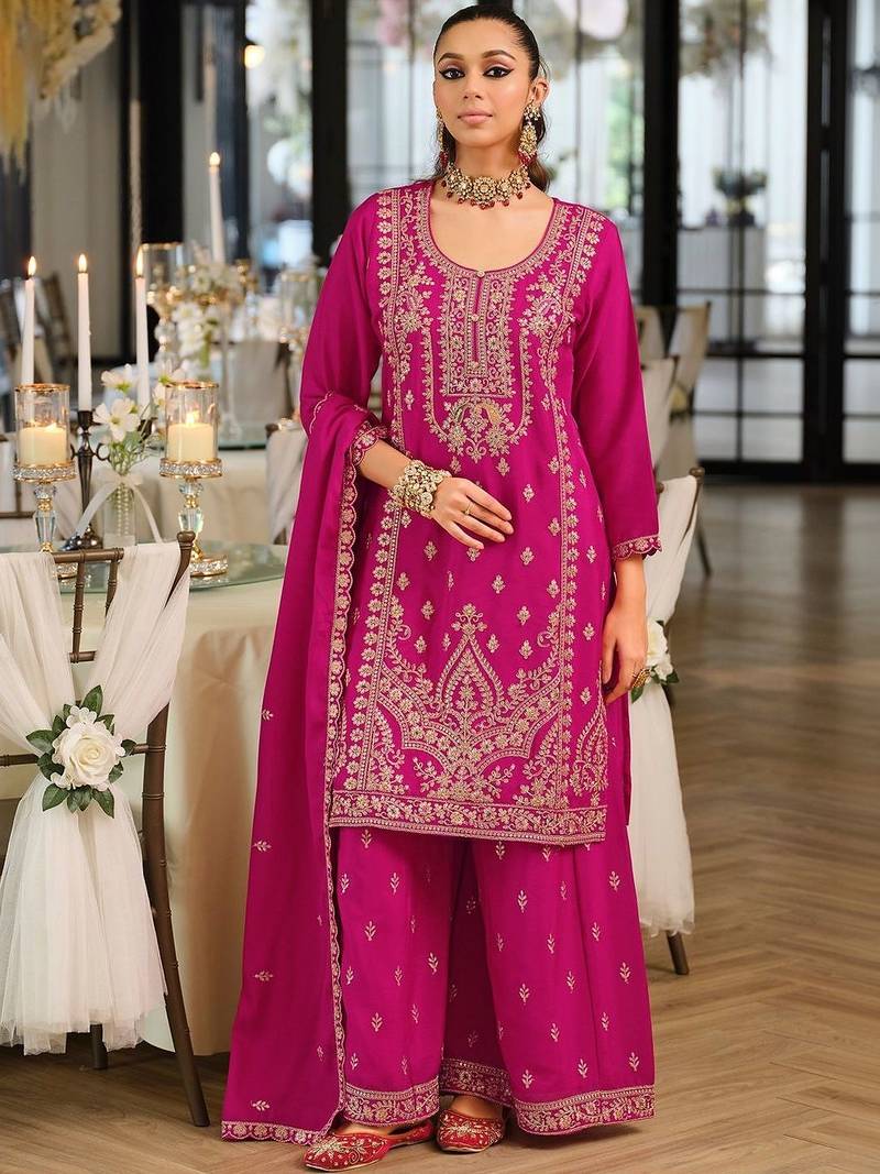 Women Ethnic Motifs Embroidered Regular Thread Work Kurta with Palazzos & With Dupatta