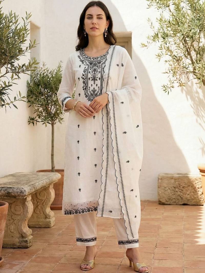 Women Ethnic Motifs Embroidered Regular Thread Work Pure Cotton Kurta with Trousers & With Dupatta