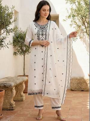 Women Ethnic Motifs Embroidered Regular Thread Work Pure Cotton Kurta with Trousers & With Dupatta 2