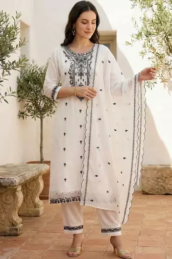 Women Ethnic Motifs Embroidered Regular Thread Work Pure Cotton Kurta with Trousers & With Dupatta