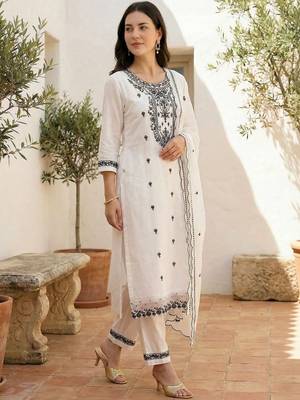 Women Ethnic Motifs Embroidered Regular Thread Work Pure Cotton Kurta with Trousers & With Dupatta 3