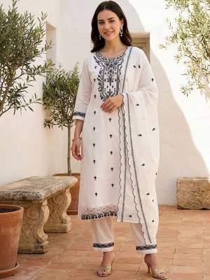 Women Ethnic Motifs Embroidered Regular Thread Work Pure Cotton Kurta with Trousers & With Dupatta 4