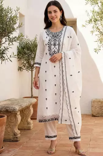 Women Ethnic Motifs Embroidered Regular Thread Work Pure Cotton Kurta with Trousers & With Dupatta