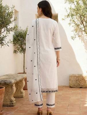 Women Ethnic Motifs Embroidered Regular Thread Work Pure Cotton Kurta with Trousers & With Dupatta 5