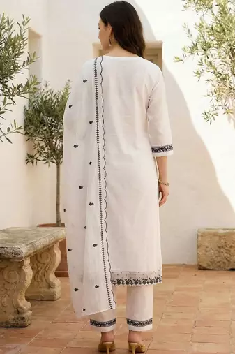 Women Ethnic Motifs Embroidered Regular Thread Work Pure Cotton Kurta with Trousers & With Dupatta