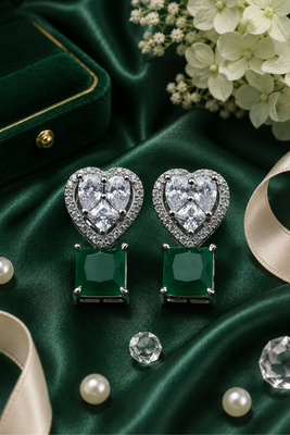 Rhodium finish heart halo emerald earrings 1