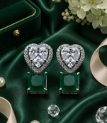 Rhodium finish heart halo emerald earrings