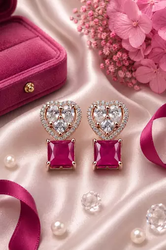 Rose gold heart halo magenta earrings