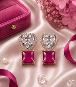 Rose gold heart halo magenta earrings