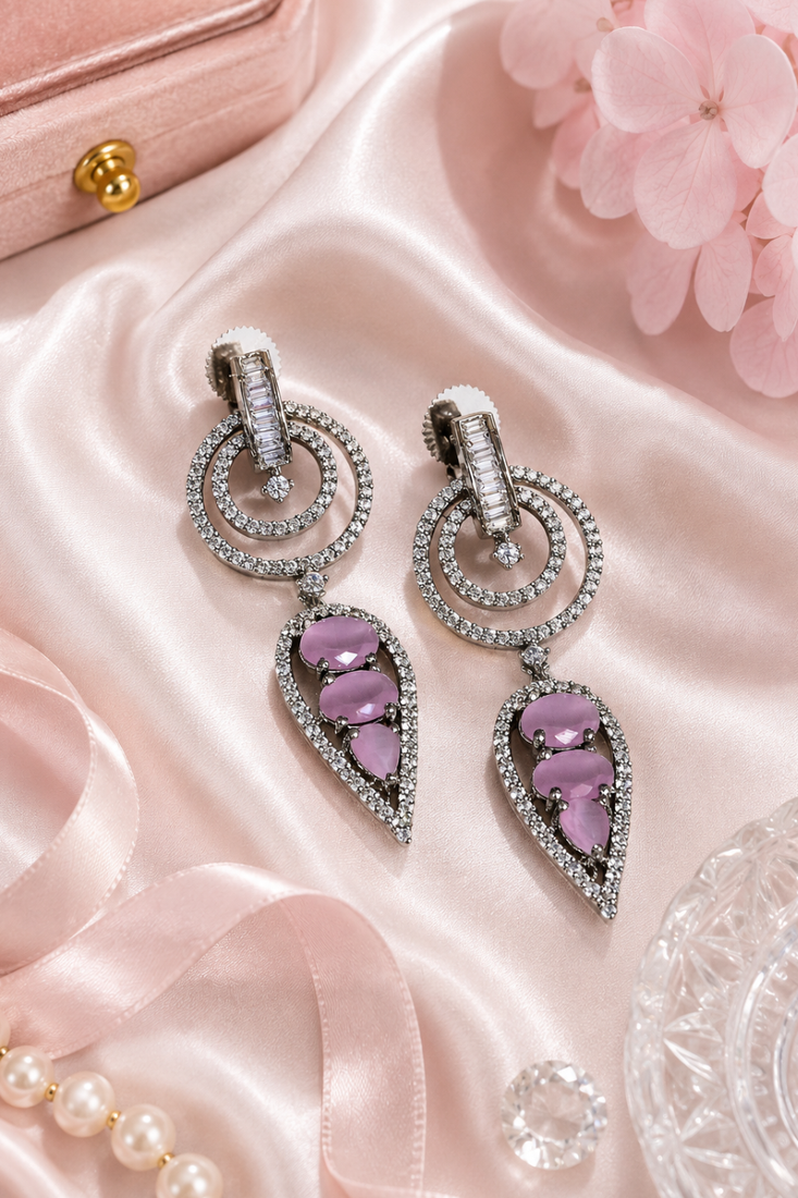 Black silver finish blush pink halo drop earrings