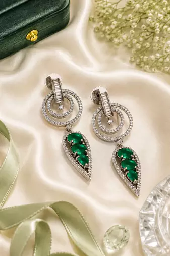 Black silver finish green halo drop earrings