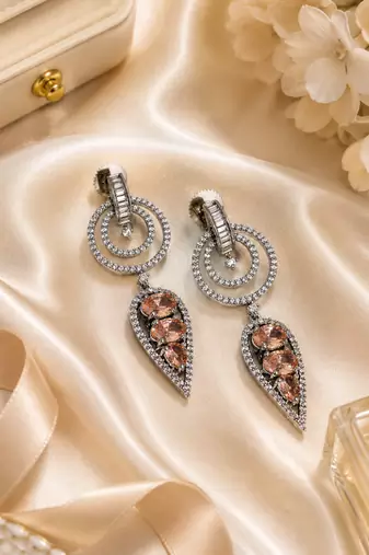 Black silver finish champagne halo drop earrings