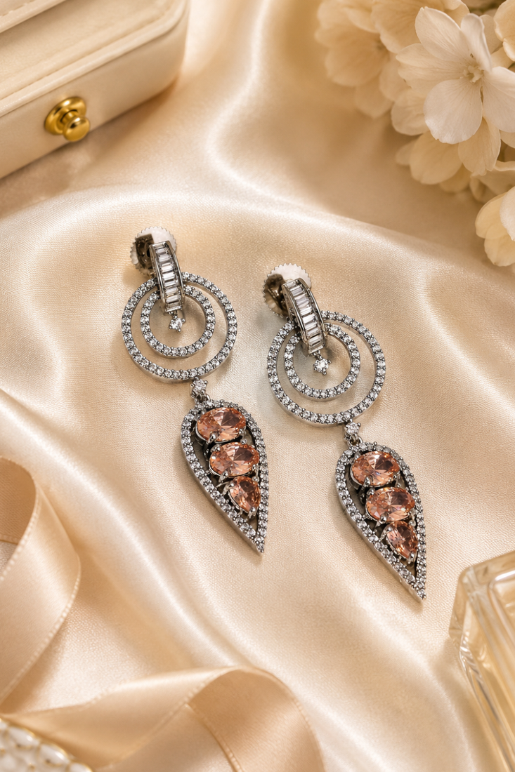 Black silver finish champagne halo drop earrings