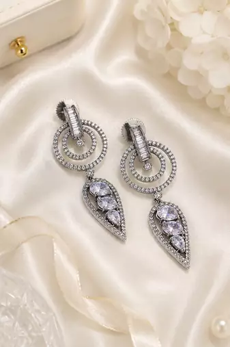 Black silver finish white halo drop earrings