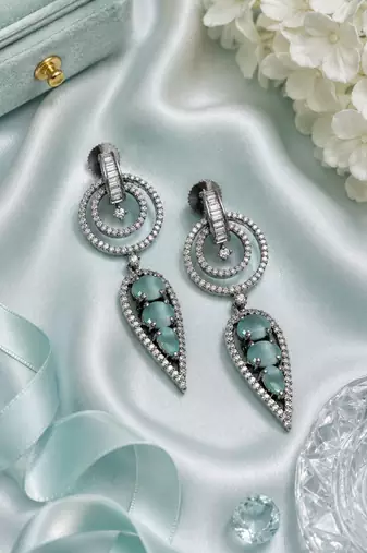 Black silver finish mint halo drop earrings