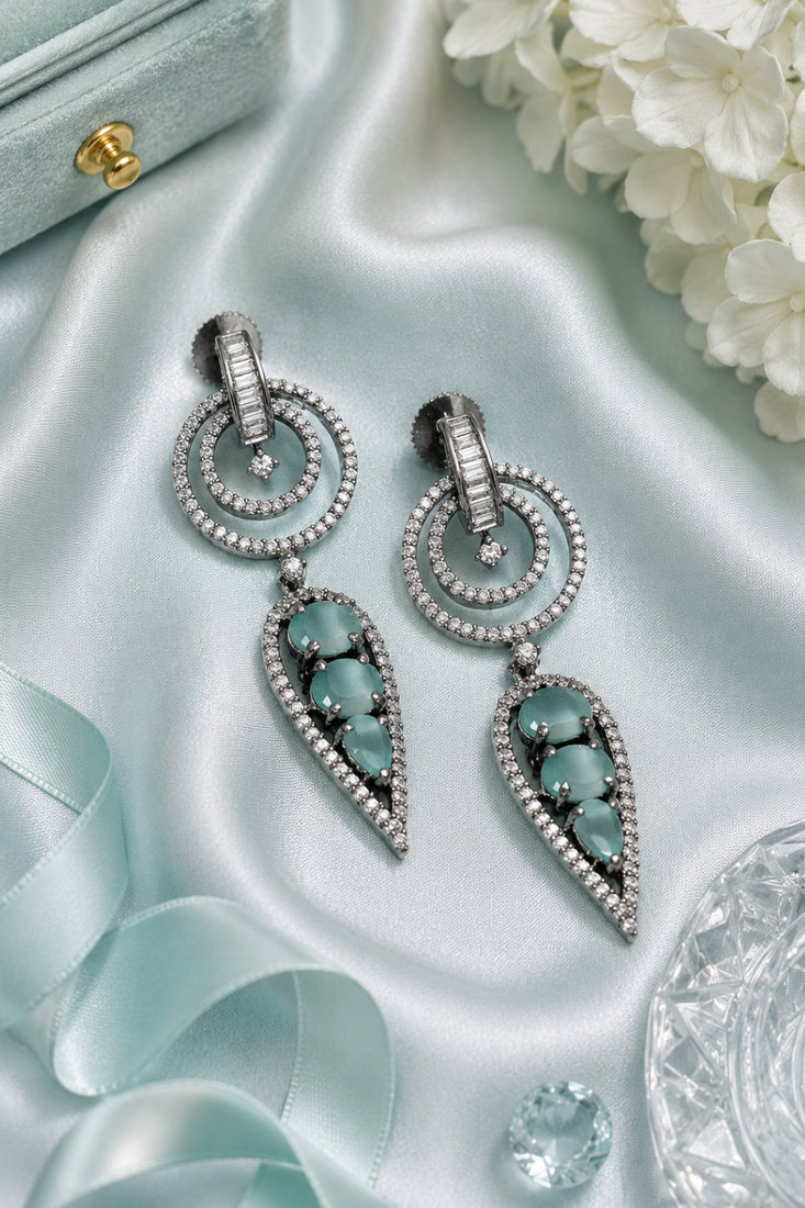 Black silver finish mint halo drop earrings