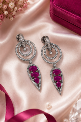 Black silver finish magenta halo drop earrings 2