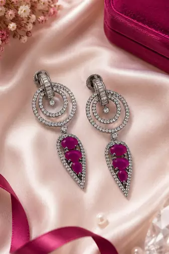 Black silver finish magenta halo drop earrings