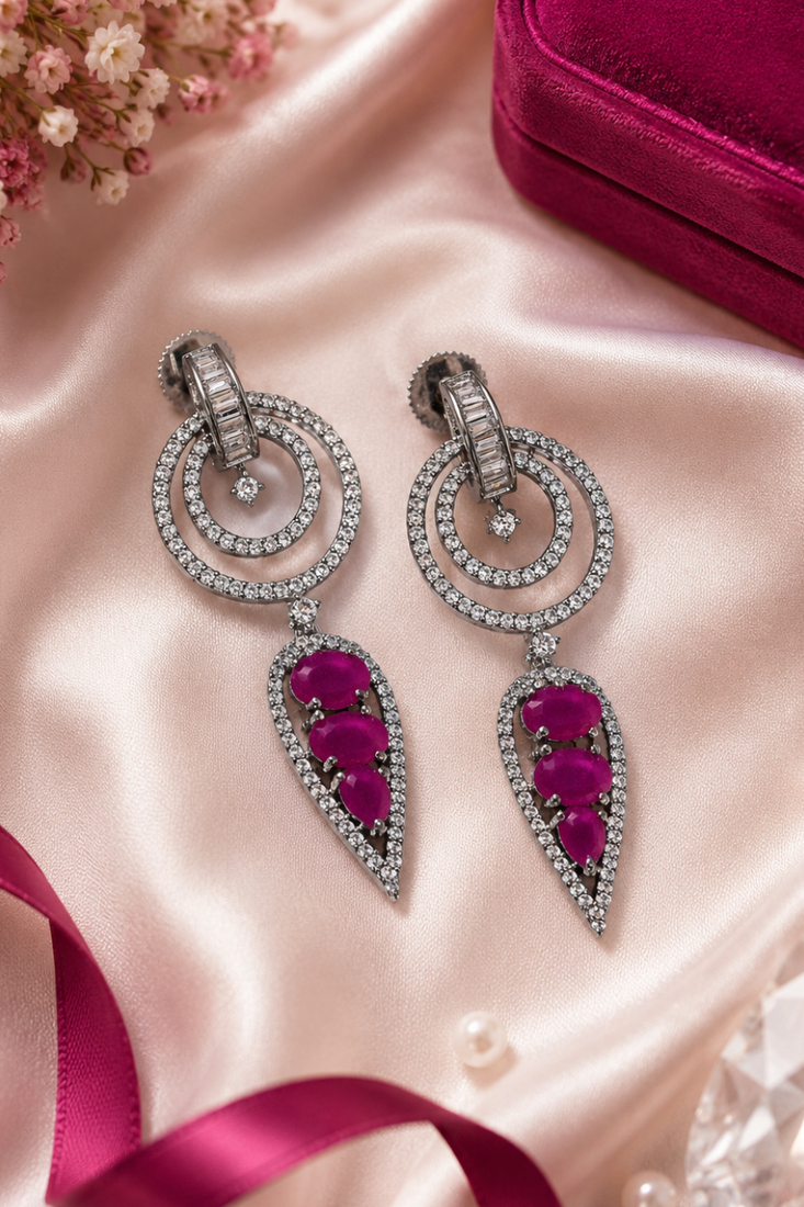 Black silver finish magenta halo drop earrings