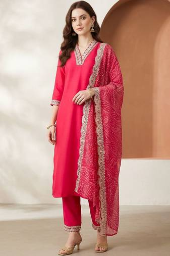 Women Ethnic Motifs Regular Thread Work Kurta with Trousers & With Dupatta
