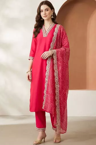 Women Ethnic Motifs Regular Thread Work Kurta with Trousers & With Dupatta