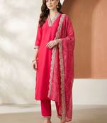 Women Ethnic Motifs Regular Thread Work Kurta with Trousers & With Dupatta
