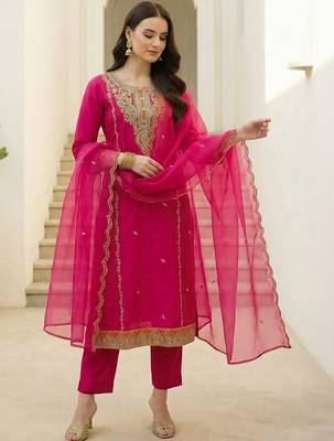 Women Ethnic Motifs Embroidered Regular Thread Work Kurta with Trousers & With Dupatta 1