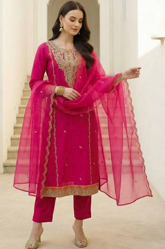 Women Ethnic Motifs Embroidered Regular Thread Work Kurta with Trousers & With Dupatta