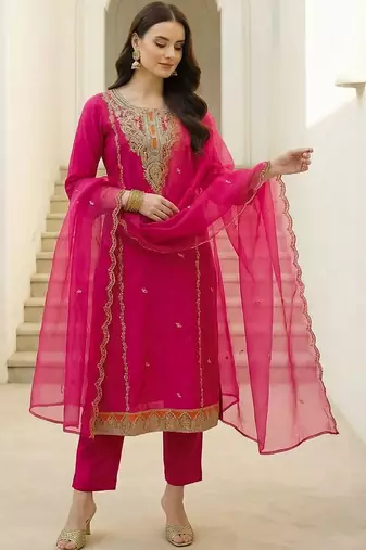Women Ethnic Motifs Embroidered Regular Thread Work Kurta with Trousers & With Dupatta