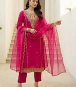 Women Ethnic Motifs Embroidered Regular Thread Work Kurta with Trousers & With Dupatta