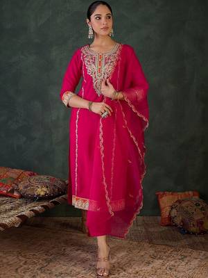 Women Ethnic Motifs Embroidered Regular Thread Work Kurta with Trousers & With Dupatta 4