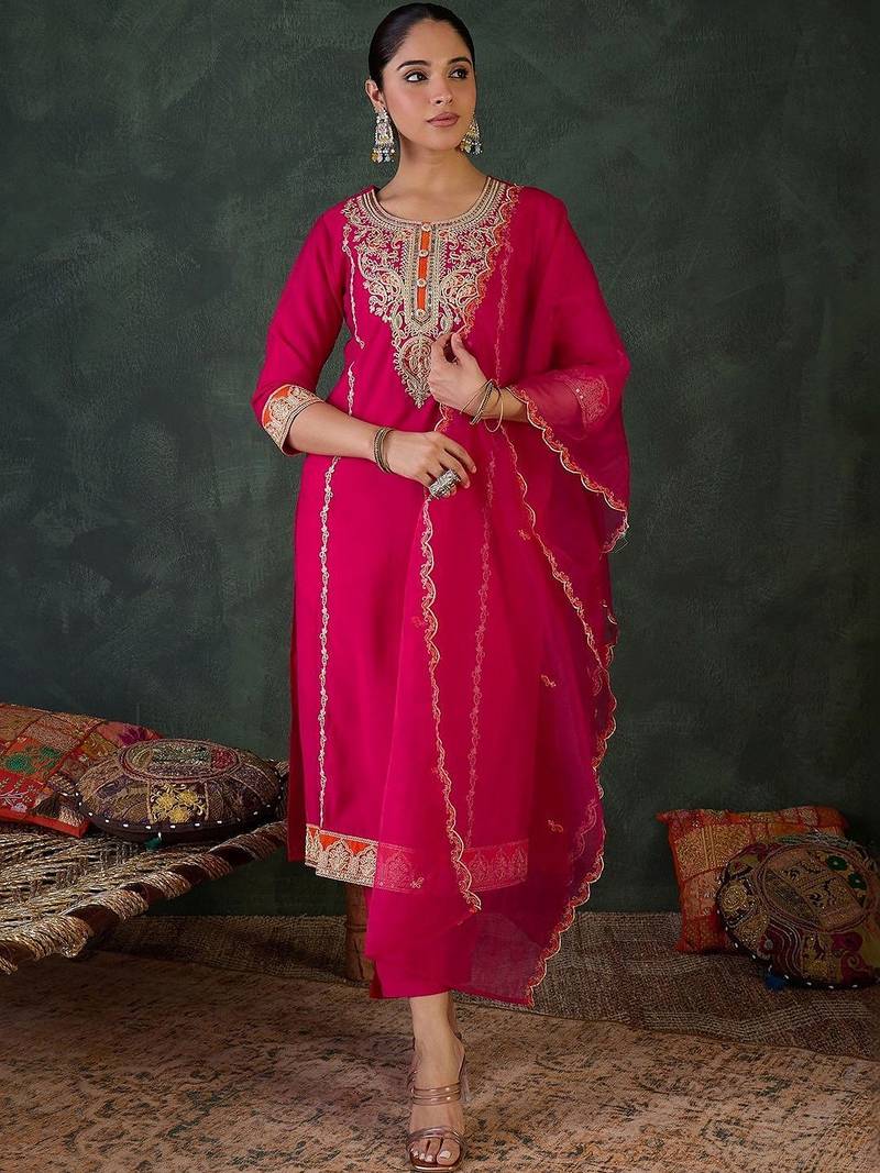 Women Ethnic Motifs Embroidered Regular Thread Work Kurta with Trousers & With Dupatta