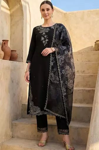 Women Floral Embroidered Regular Thread Work Kurta with Trousers & With Dupatta