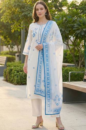 Women Floral Embroidered Regular Thread Work Pure Cotton Kurta with Trousers & With Dupatta
