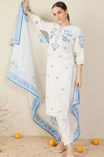 Women Floral Embroidered Regular Thread Work Pure Cotton Kurta with Trousers & With Dupatta