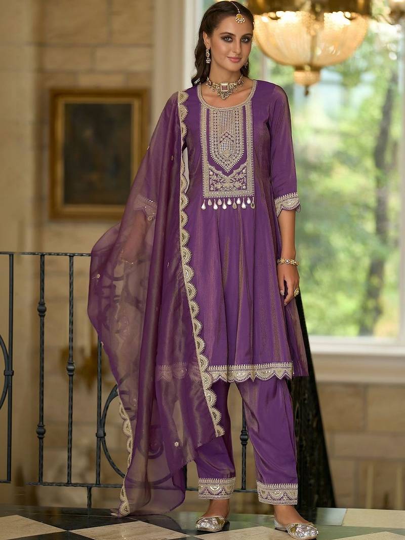 Women Ethnic Motifs Embroidered Regular Sequinned Kurta with Trousers & With Dupatta