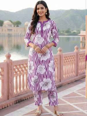 Women Floral Printed Regular Sequinned Pure Cotton Kurta with Trousers 1