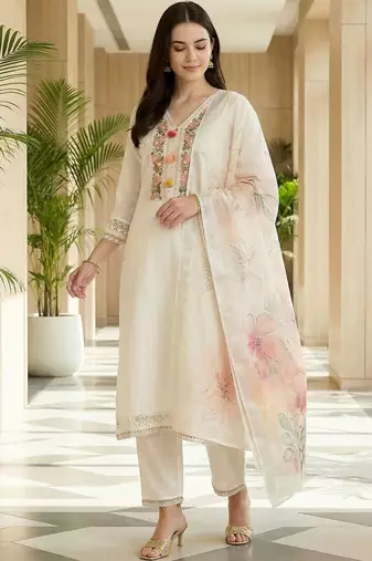 Women Floral Embroidered Regular Thread Work Pure Cotton Kurta with Trousers & With Dupatta