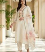 Women Floral Embroidered Regular Thread Work Pure Cotton Kurta with Trousers & With Dupatta