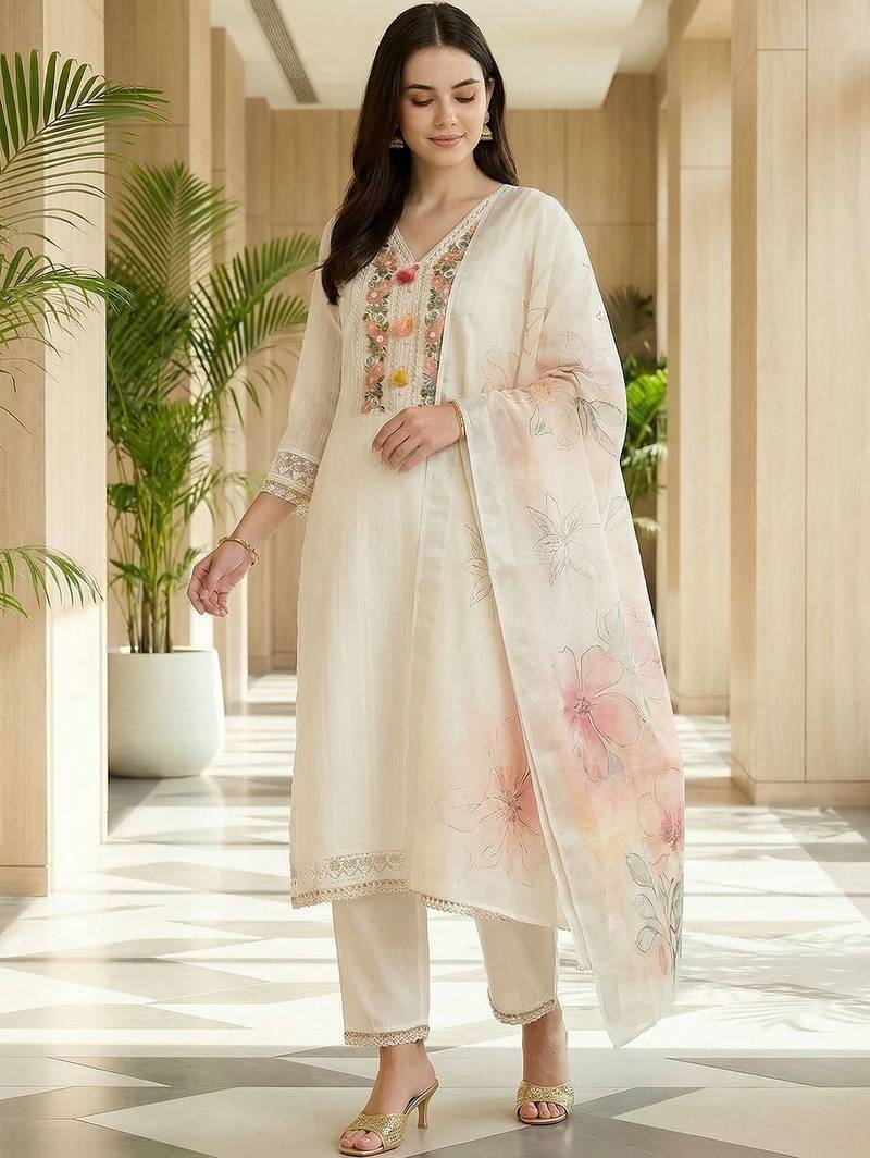 Women Floral Embroidered Regular Thread Work Pure Cotton Kurta with Trousers & With Dupatta