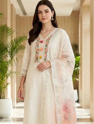 Women Floral Embroidered Regular Thread Work Pure Cotton Kurta with Trousers & With Dupatta 2
