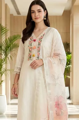 Women Floral Embroidered Regular Thread Work Pure Cotton Kurta with Trousers & With Dupatta