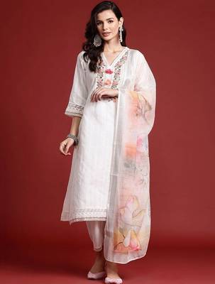 Women Floral Embroidered Regular Thread Work Pure Cotton Kurta with Trousers & With Dupatta 3