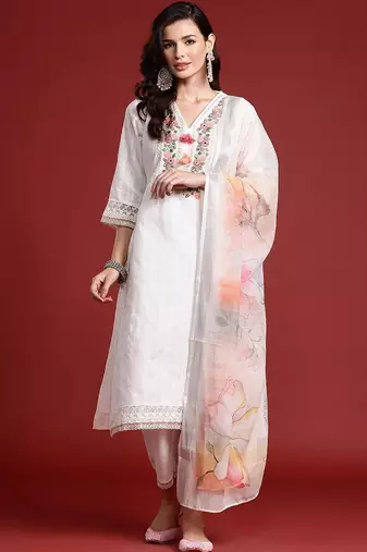 Women Floral Embroidered Regular Thread Work Pure Cotton Kurta with Trousers & With Dupatta